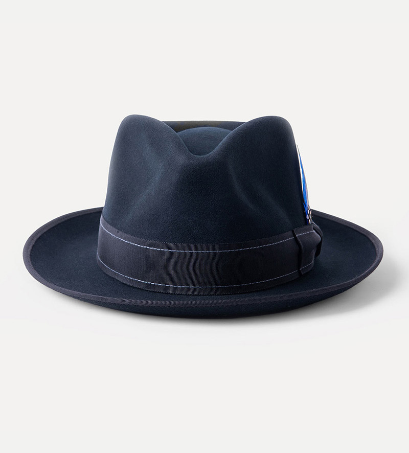 front view of black classic fedora hat with feather