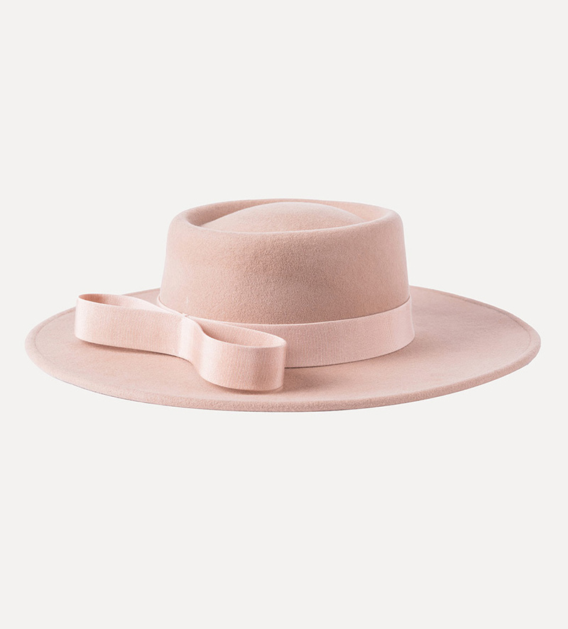 oblique view of wide brim wool fedora porkpie hat for women