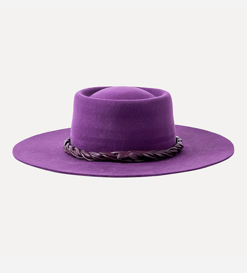 front view of wide brim purple fedora porkpie hat