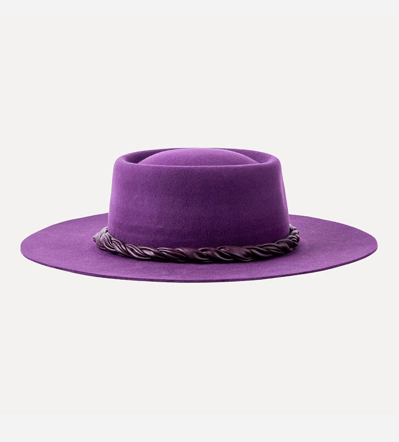 oblique view of wide brim purple fedora porkpie hat