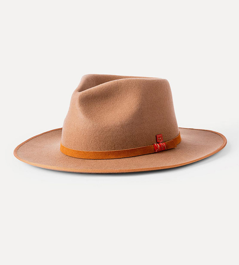 oblique view of wide brim tan fedora hat for mens