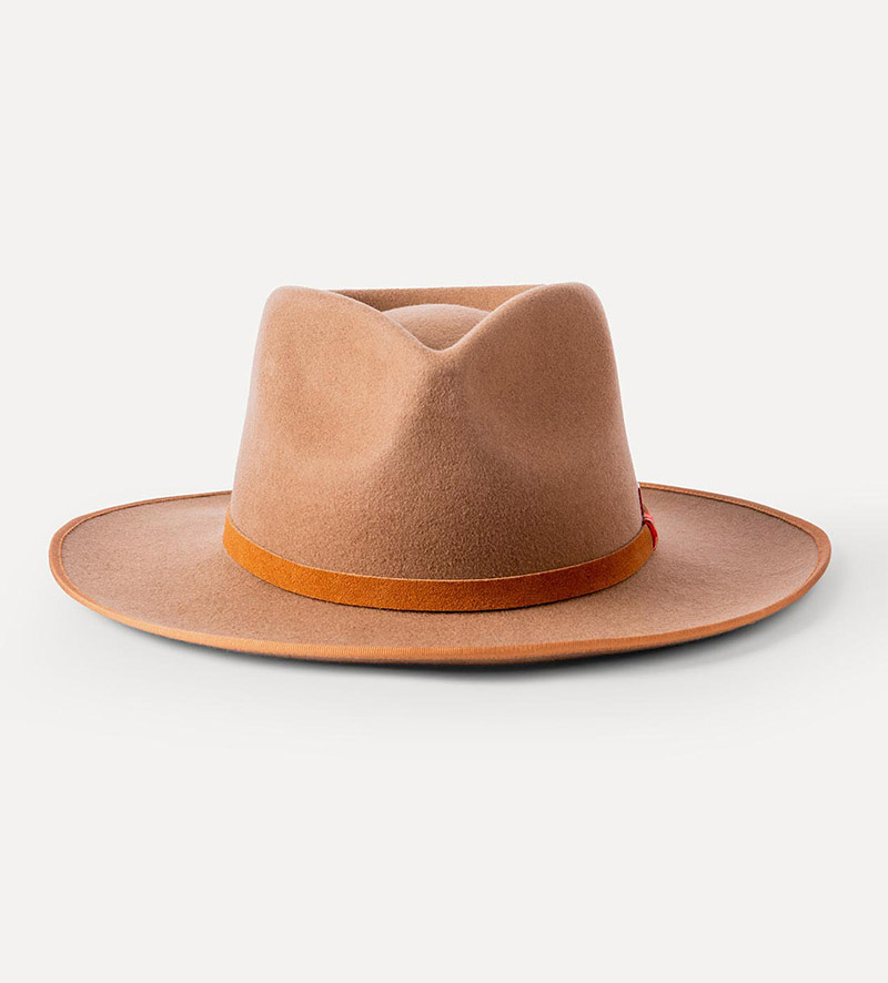 front view of wide brim tan fedora hat for mens
