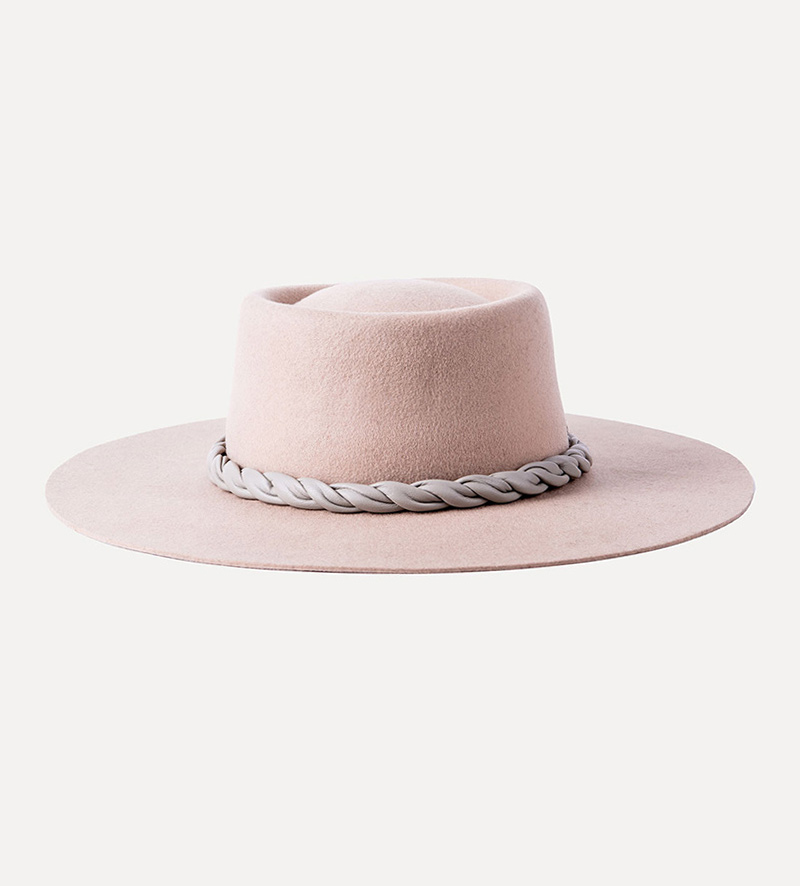 front view of beige wide brim fedora porkpie hat