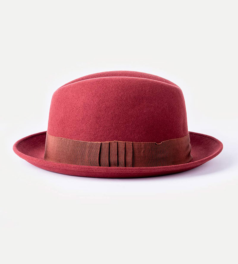 side view of burgundy fedora hat