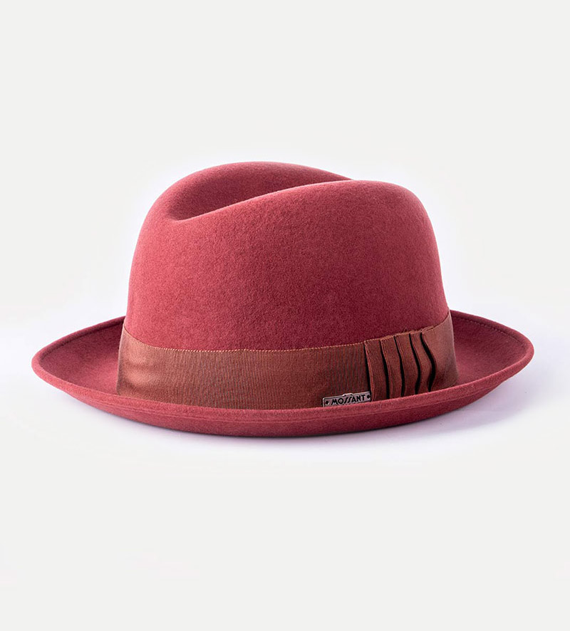 oblique view of burgundy fedora hat
