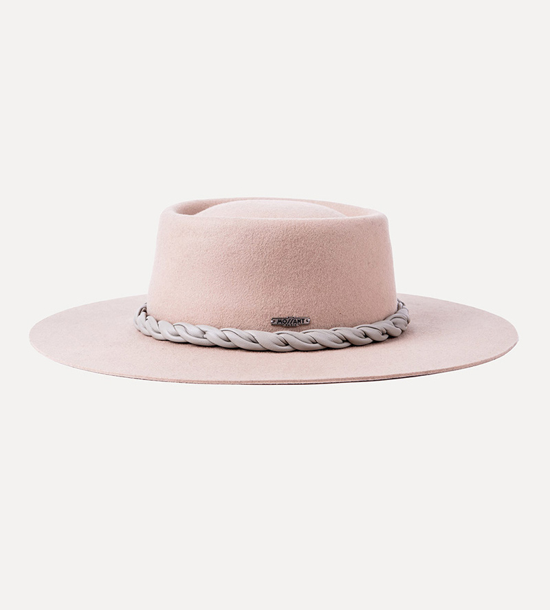 side view of beige wide brim fedora porkpie hat