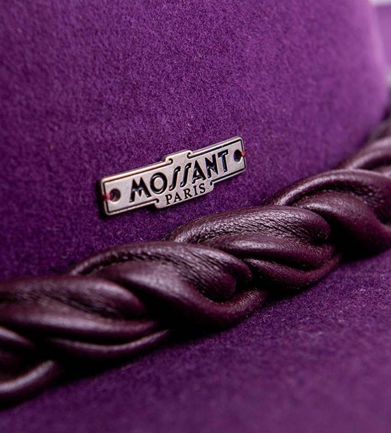 hatband detail of wide brim purple fedora porkpie hat