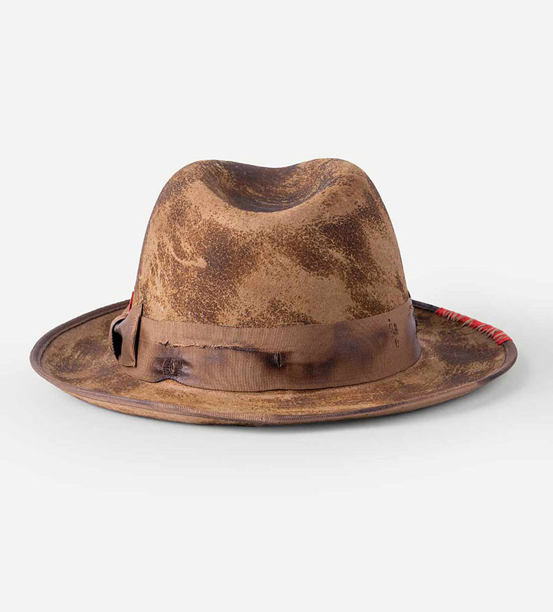back view of distressed fedora hat