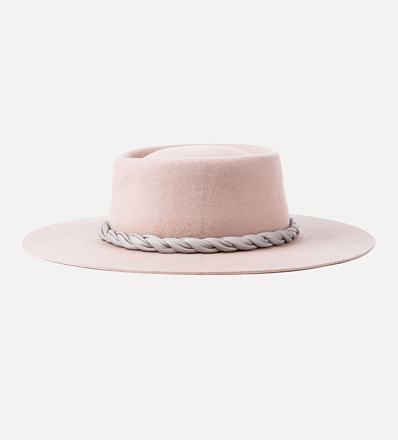 back view of beige wide brim fedora porkpie hat