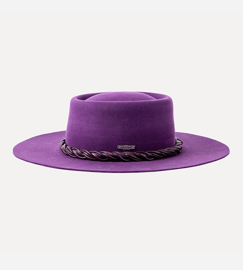 back view of wide brim purple fedora porkpie hat
