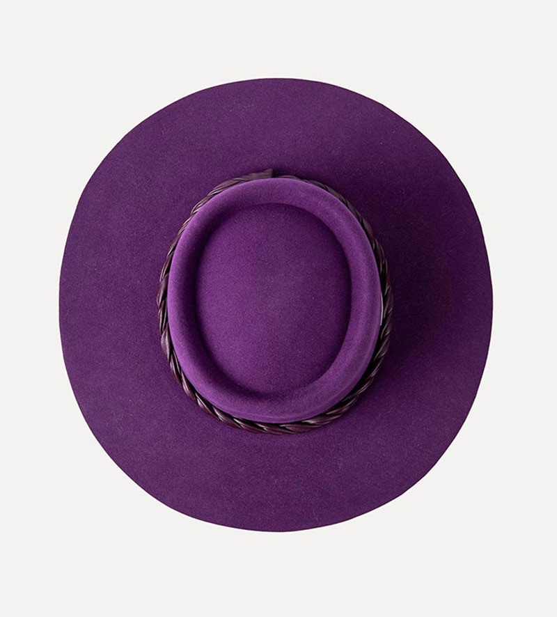 top view of wide brim purple fedora porkpie hat