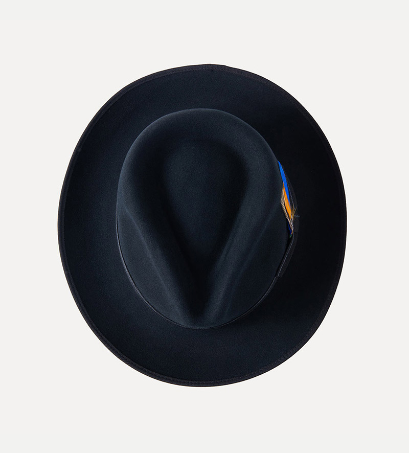 top view of black classic fedora hat with feather
