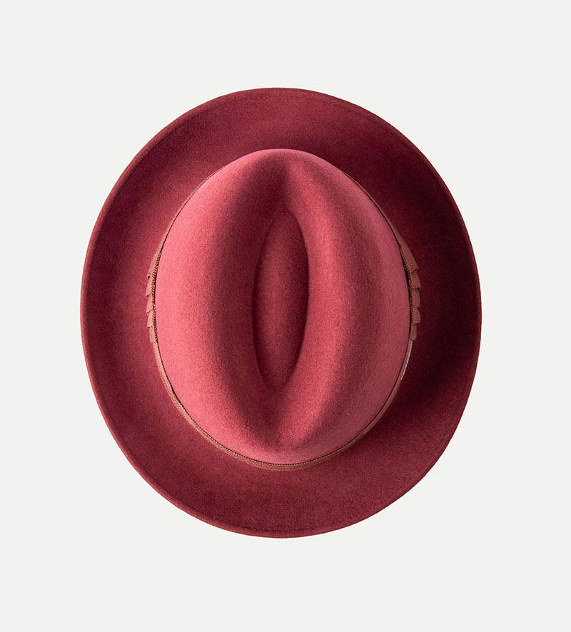 top view of burgundy fedora hat