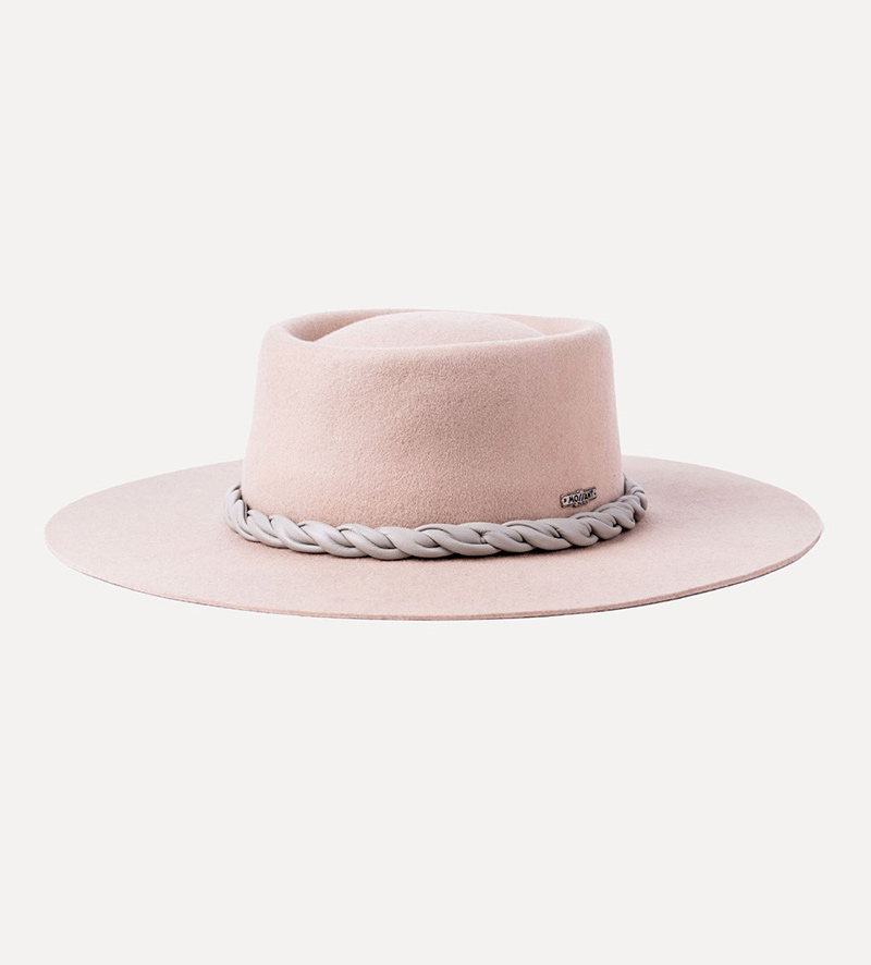 side view of beige wide brim fedora porkpie hat