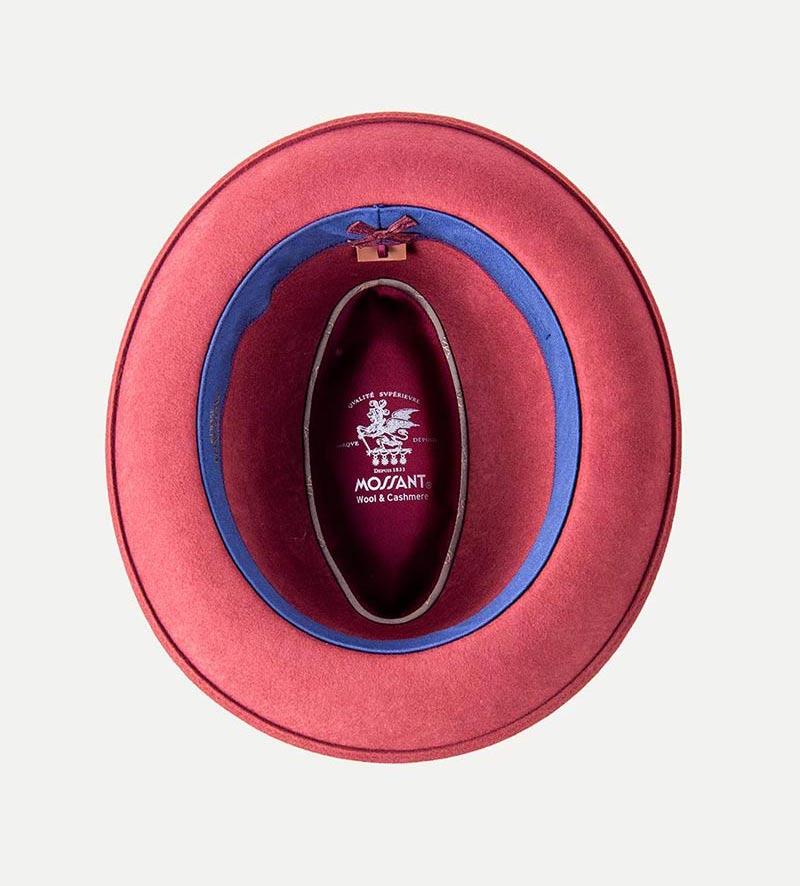 inside of burgundy fedora hat