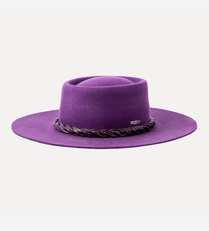 side view of wide brim purple fedora porkpie hat
