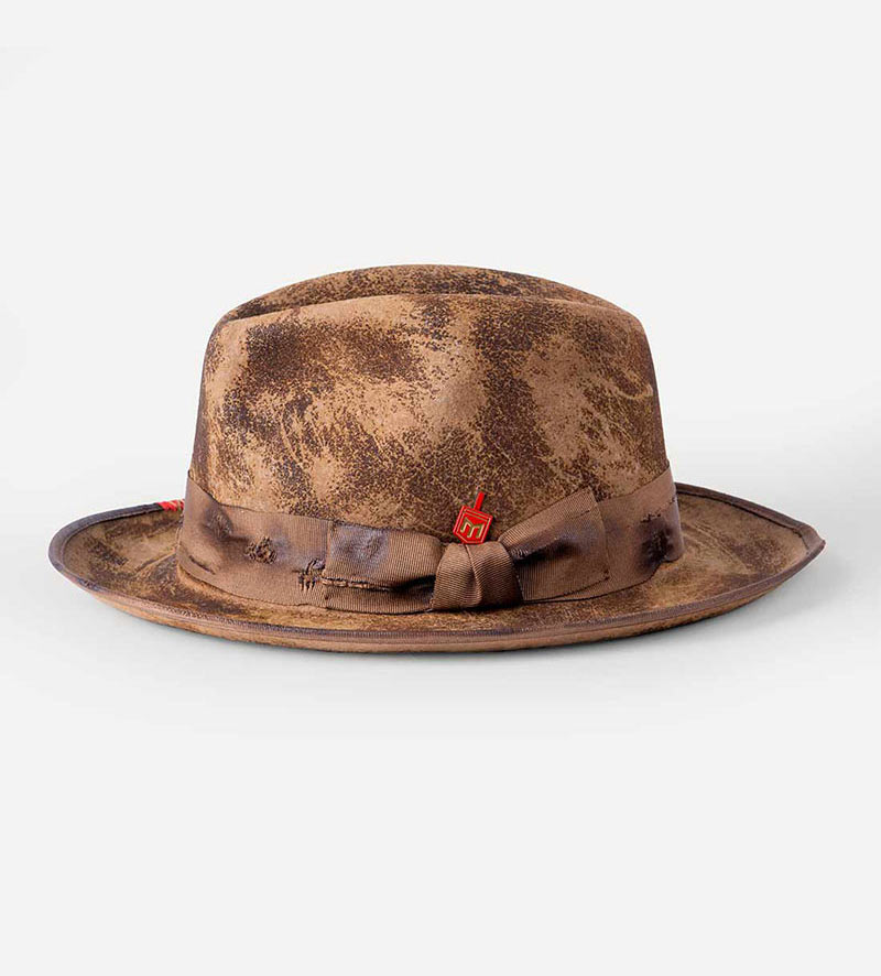 side view of distressed fedora hat