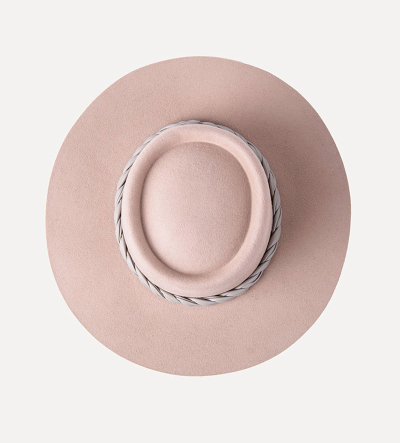 top view of beige wide brim fedora porkpie hat