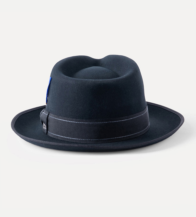 back view of black classic fedora hat with feather