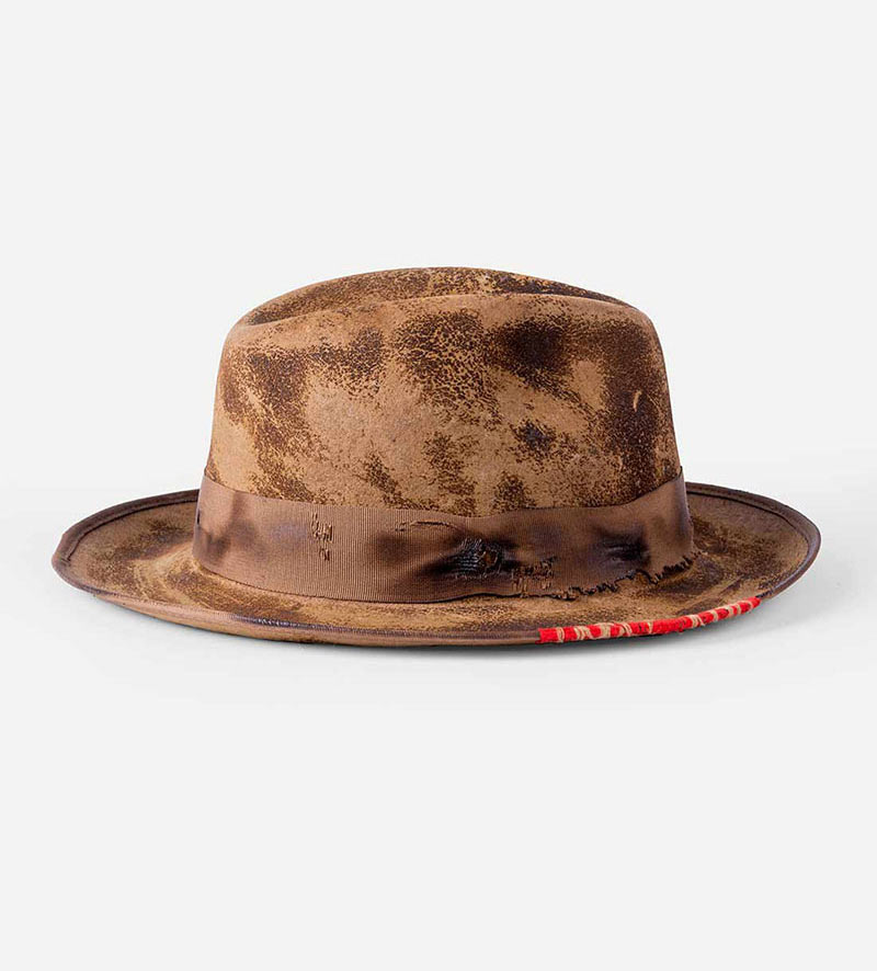 top view of distressed fedora hat