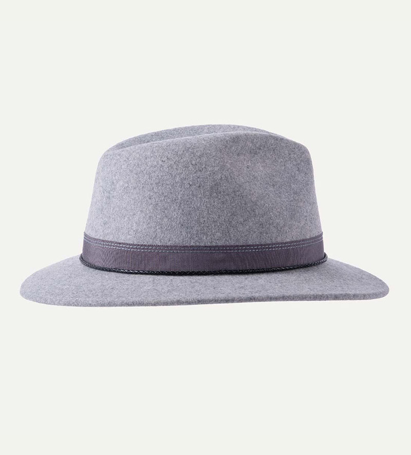 side view of grey fedora hat with feather