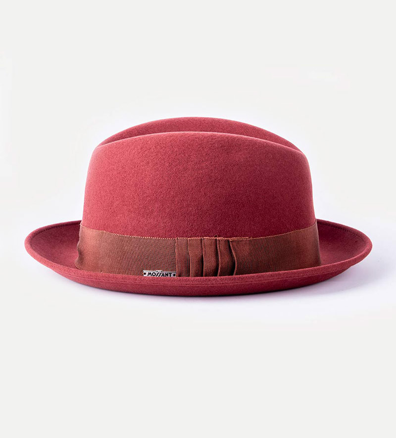 side view of burgundy fedora hat