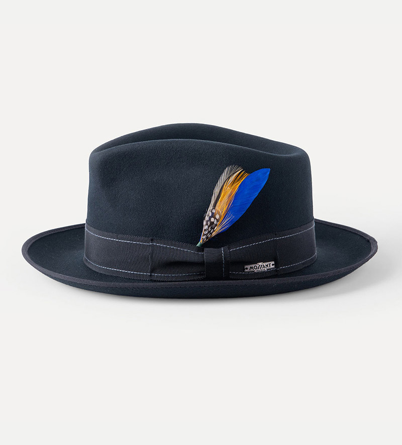 side view of black classic fedora hat with feather