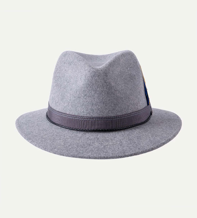 front view of grey fedora hat with feather