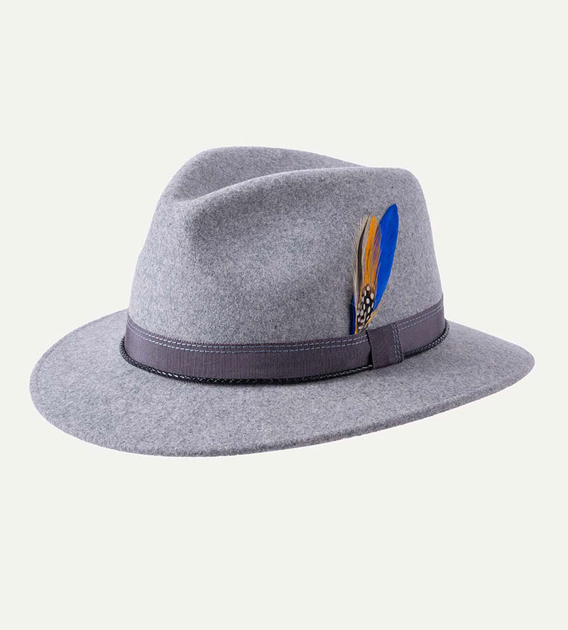 oblique view of grey fedora hat with feather