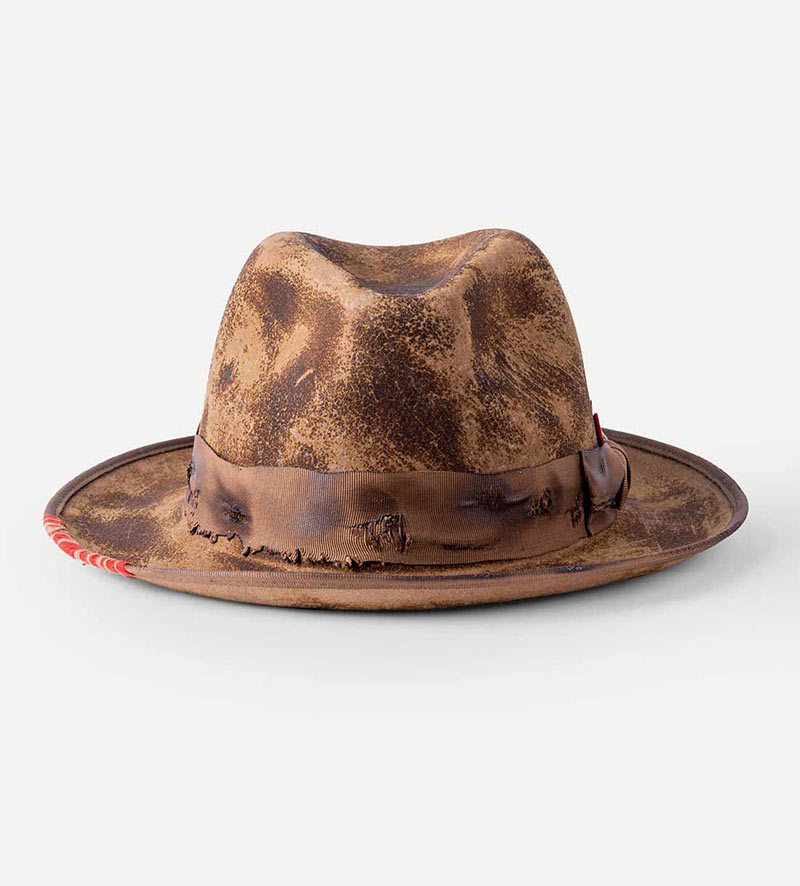 front view of distressed fedora hat