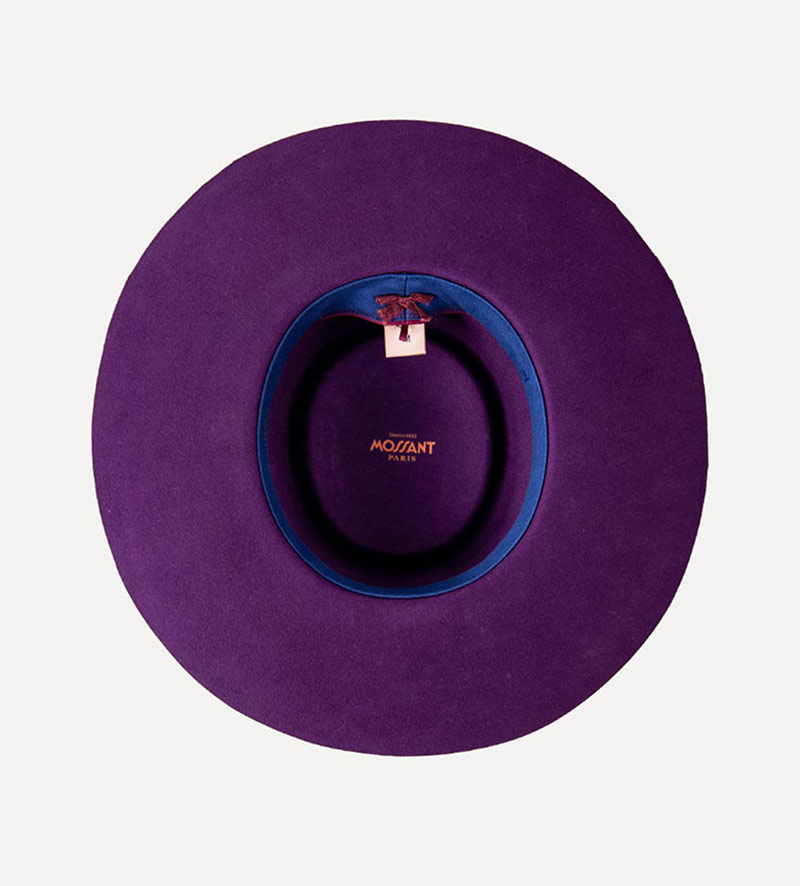 inside view of wide brim purple fedora porkpie hat