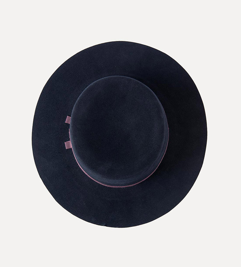 top view of black wide brim boater hat for womens