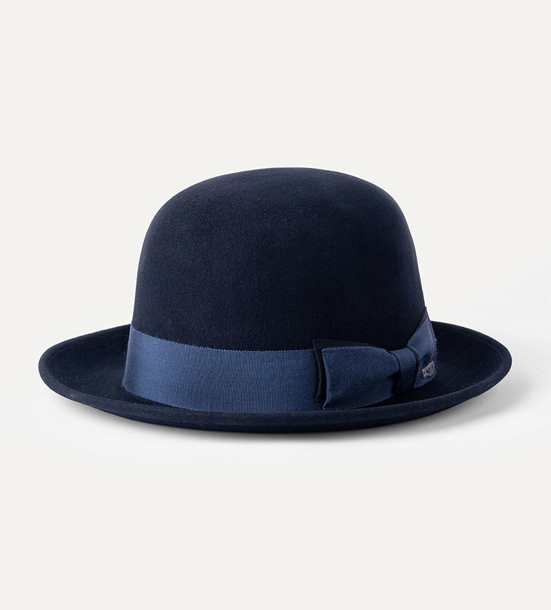 oblique view of black bowler hat for mens