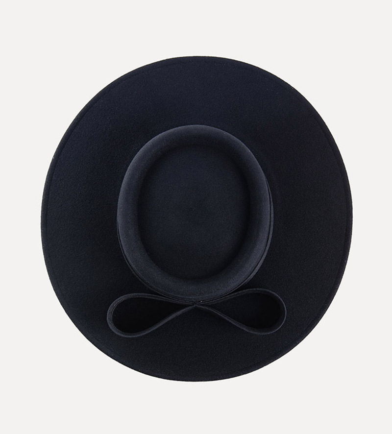 top view of black wide brim pork pie hat