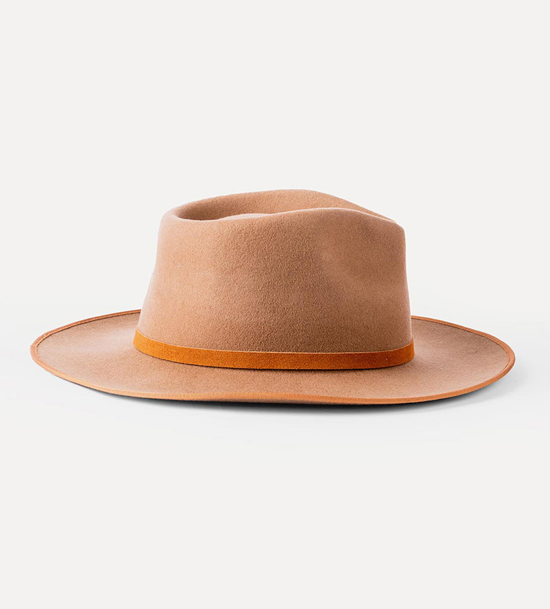 side view of wide brim tan fedora hat for mens