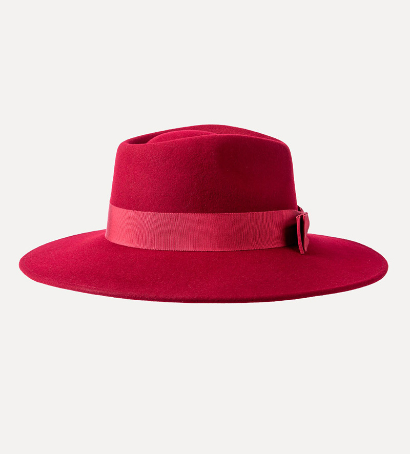 back view of red fedora with bowknot for womens