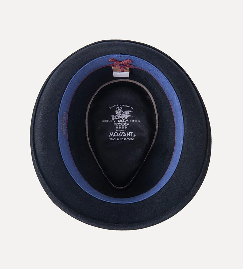 inside view of black short brim trilby hat for mens