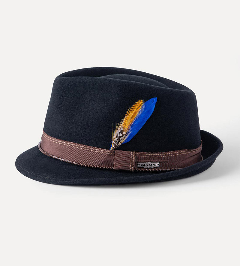 side view of black short brim trilby hat for mens