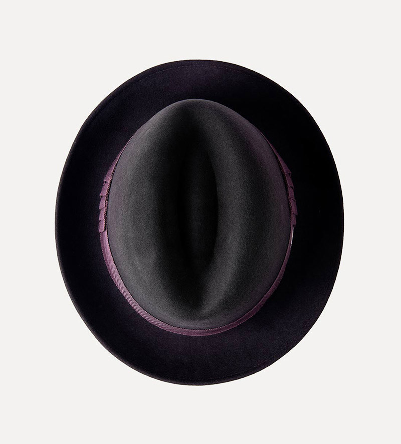 top view of black snap short brim fedora hat for mens
