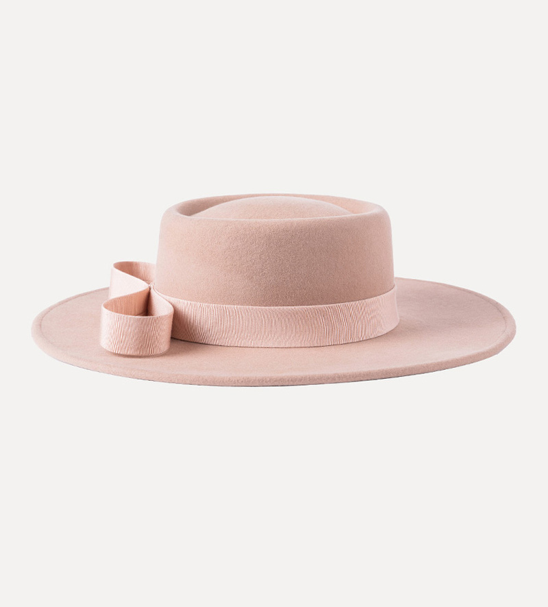 side view of wide brim wool fedora porkpie hat for women