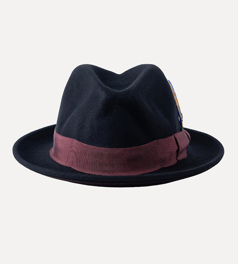 front view of black small fedora hat for mens