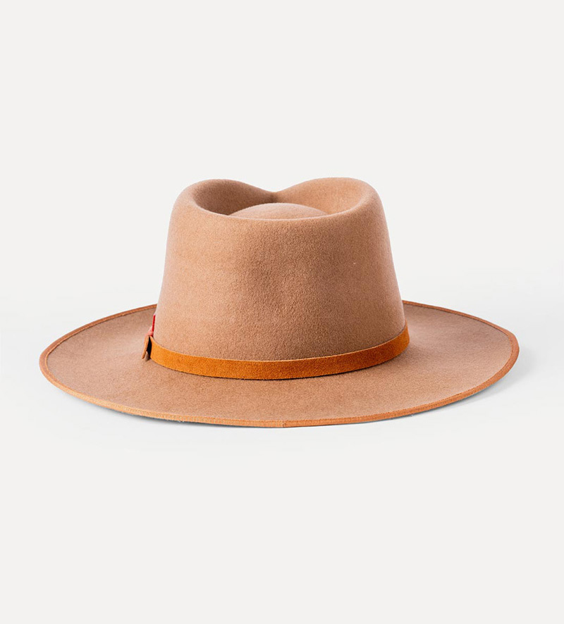 back view of wide brim tan fedora hat for mens