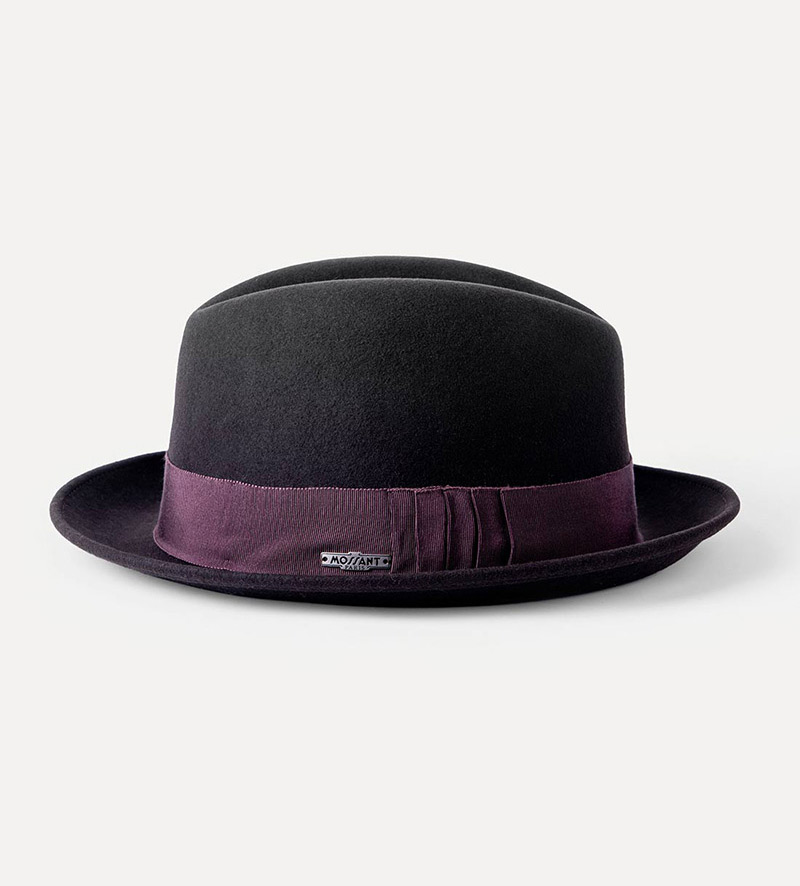 side view of black snap short brim fedora hat for mens