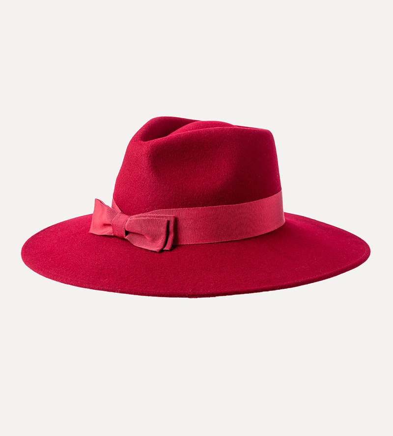 oblique view of red fedora with bowknot for womens