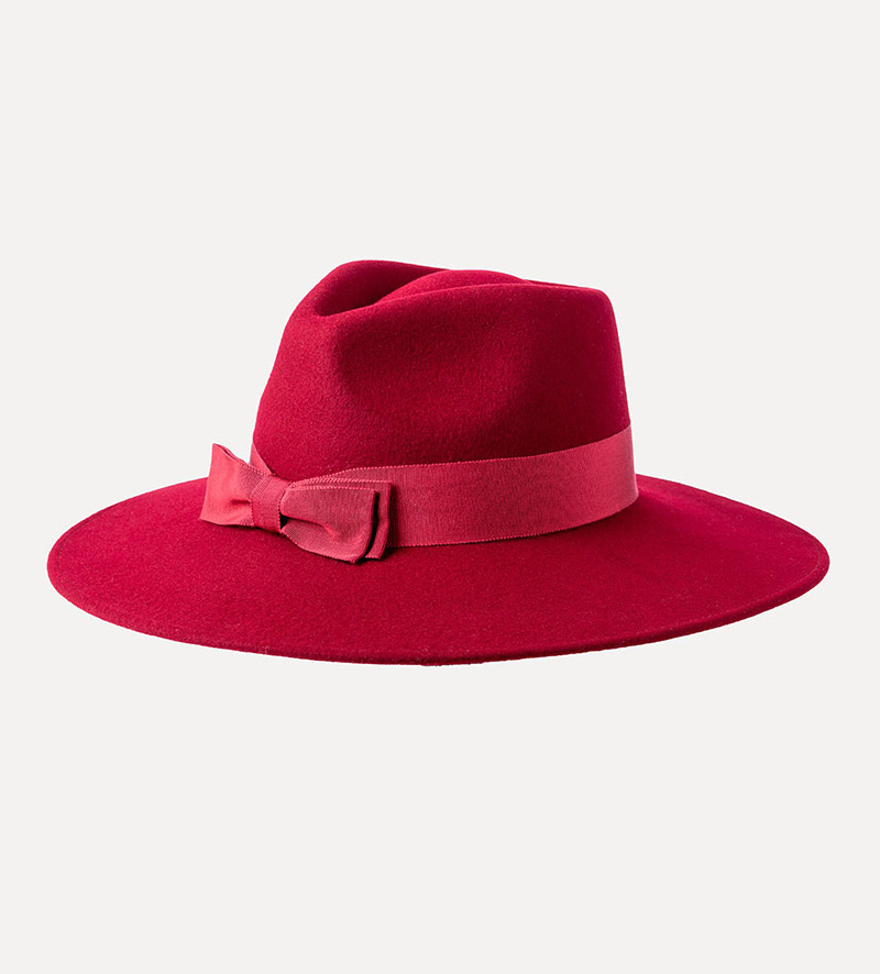 Red Fedora Wool Felt Wide Brim Tear Drop Crown Top