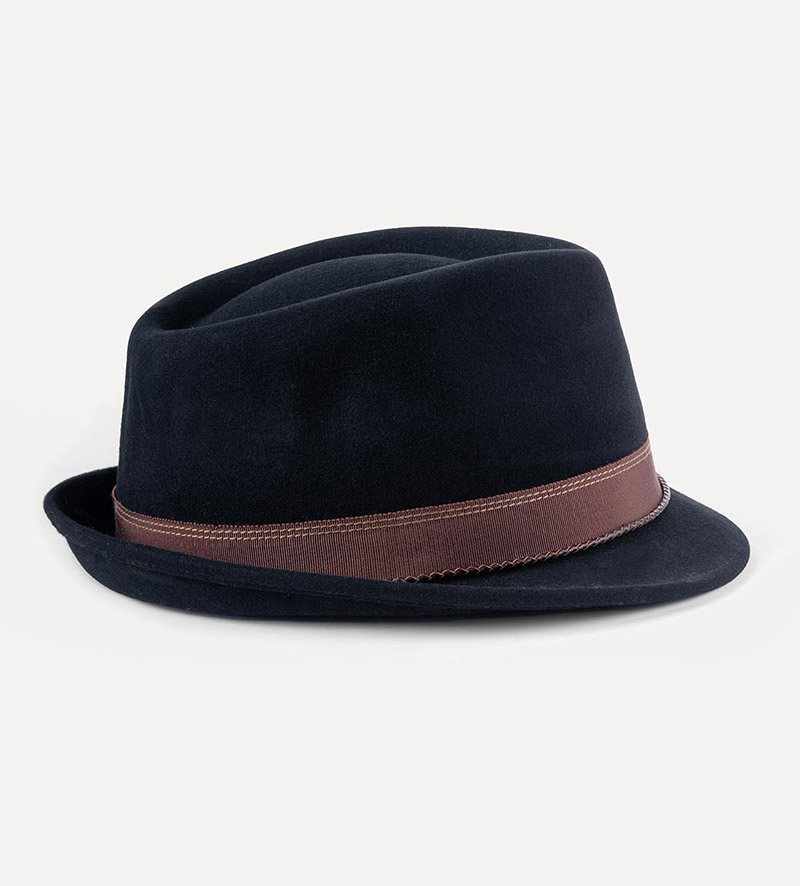 side view of black short brim trilby hat for mens