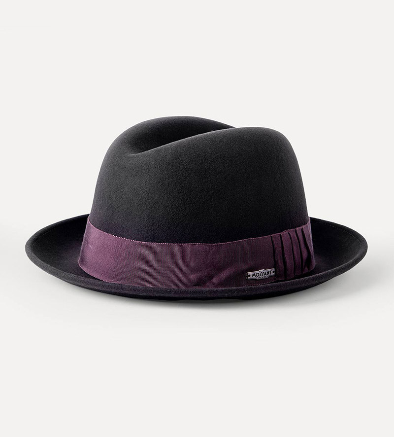 oblique view of black snap short brim fedora hat for mens