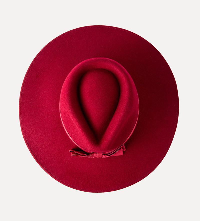 top view of red fedora with bowknot for womens