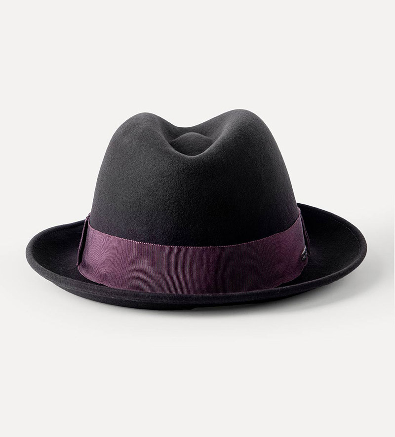 front view of black snap short brim fedora hat for mens