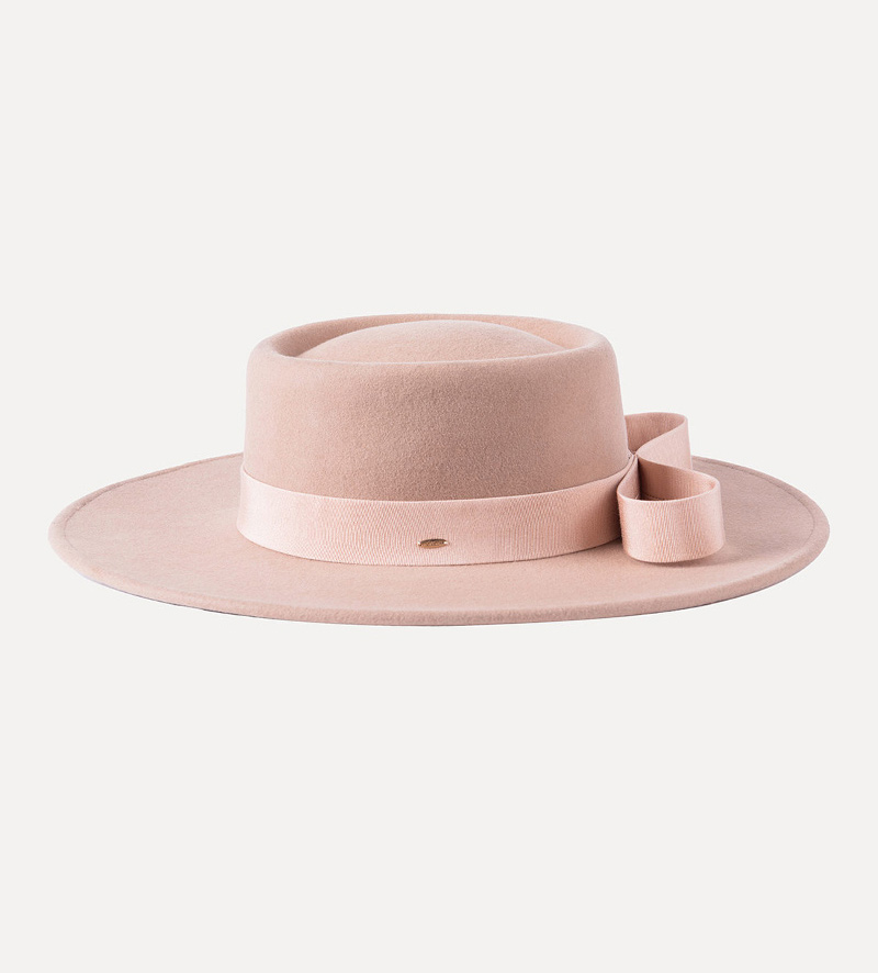 side view of wide brim wool fedora porkpie hat for women